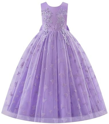 IWEMEK Robe De Mariee Enfant Fille sans Manches Robe Tulle Fille Bapteme de Communion d'anniversaire du Soir Anniversaire Fête de Mariée avec Broderie Papillon Violet 130cm