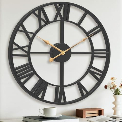 Pytha Sight Wanduhr Schwarz Groß Modern, 33cm Industrial Metall Wanduhr Ohne Tickgeräusch Vintage mit Römische Ziffern, Küche, Wohnzimmer, Esszimmer, Büro, Heimdekoration