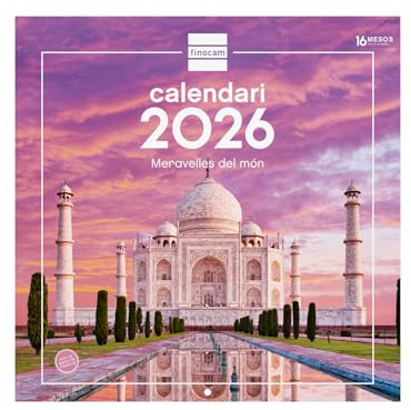 Finocam - Wandkalender 2026, 30 x 30 cm, Monatsansicht Januar - Dezember 2026 + Sep. - Dez. 2025 (4 Monate) reduziert, Kalender 2026, Weltwunderbilder - Katalanisch