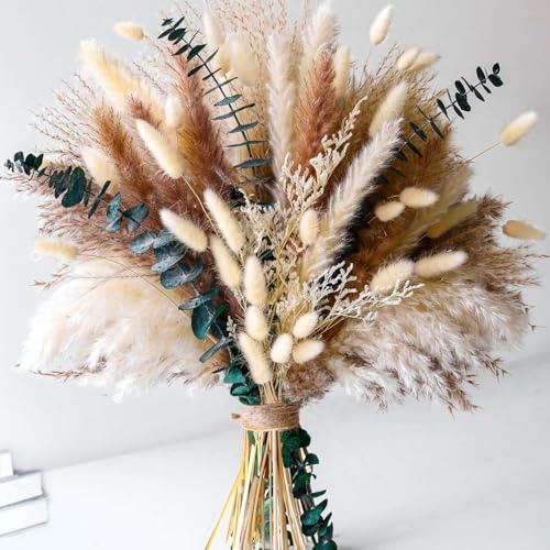 Trockenblumen,Pampasgras Deko - Tägliche Esszimmertisch Deko - Tischdeko & Trockenblumen Grünpampasgras Klein für Wohnzimmer, Deko Blumen Künstlich & Sommer Wohnung Deko im Boho Stil, Eucalyptus