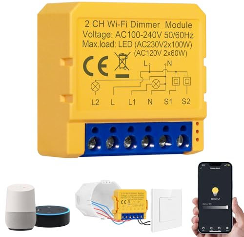 Dimmschalter 2-Wege, Intelligenter Wlan Dimmer, Sprachsteuerung/Timer, Neutralleiter nötig, WLAN Controller für LED-Streifen, Kompatibel mit Alexa & Google Home, iOS Android App, Dimmbare Lichter