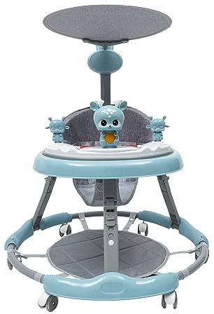 Verstellbare Lauflernwagen, Baby Lauflernhilfe mit Sonnenschirm und Geräuscharmes PVC-Rad, Universal-Rollator, Baby Gehwagen Anti-Rollover Folding Walker für Mädchen Jungen 6-18 Monate (Blau)