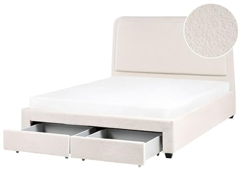 Beliani Scandinavian Boucle Bed with a Headboard EU Double Size 5ft3 Upholstered Teddy with 2 Drawers and Slatted Frame Off-White Sardent
