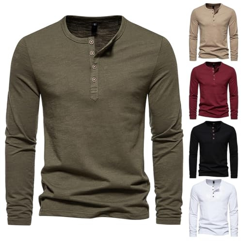 Mens Henley T-Shirt Long Sleeve Lightweight Regular Fit Casual with Button Grandad Shirts Solid Color Casual Tops (Green, M)