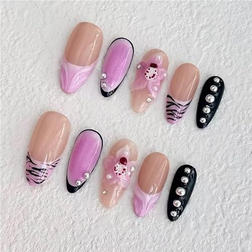 Handmade pink gradient nail art 3D carving design zebra pattern almond length nail art false nails press on nails(S)