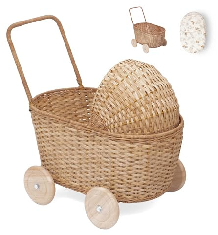 GON Stroller – 3-i-1 rotting dockvagn, shoppingvagn och gåvagn för barn | Handflätad dockbuggy av naturmaterial med kudde och madrass | trädockvagn från 1 år – naturlig