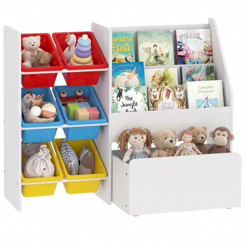 AIYAPLAY Toy Storage Unit, 3-Tier Shelf, 6 Bins, Large Box, Multicoloured | Toy Organiser, 6 Removable Storage Bins, Childrens Bookcase, Bedroom Nursery Playroom