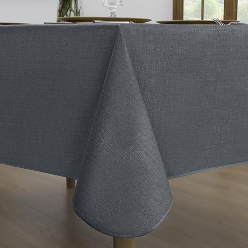 Romanstile Outdoor Table Cloth Rectangular Grey Vinyl 94.5 x 55.1 inch – Extra Large Waterproof & Wipe Clean Oil PVC Table Cover Faux-Linen Texture for Garden Dining, Patio, Spring, Summer, Picnic