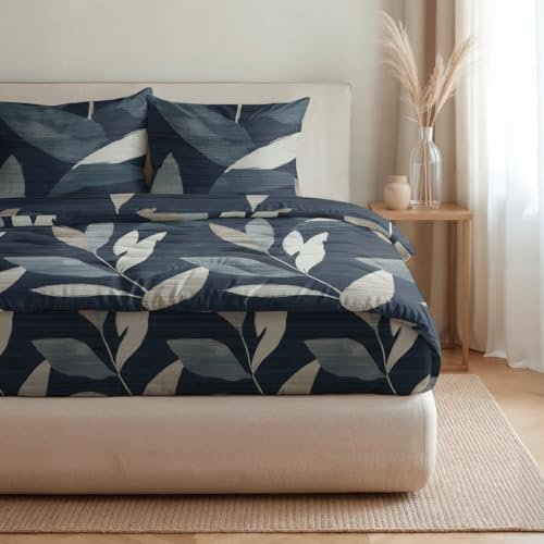 Zelesta Royalbed Baumwolle All-Season Bettdecke 240x200 – Bettdecke & Bezug in einem | Waschbar & Trocknergeeignet | Atmungsaktive Baumwolle, 300 g/m² Füllung (Dark Leaves, 200x200 cm)