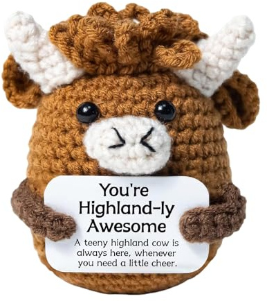 Gehäkelte Kuscheltiere Highland Cow,Positive Geschenke Hochlandrind Kuscheltier aus Wolle&Baumwolle, Emotionaler Support Highland Cow Kuscheltier Geschenk, Positive Hochlandrinder Pocket Hug Geschenk