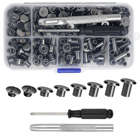 BEASAFY 110 Sets Rivet Cuir, Vis Chicago avec Tournevis, M5 x 5/6 /7/9 /11/13 mm Rivet a Visser, Vis de Reliure Chicago pour Sacs Décoration Artisanat Bagages (Noir)