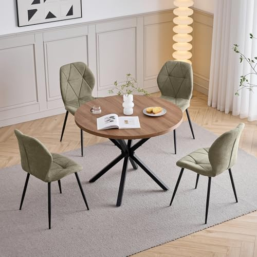 HJhomeheart Esstisch und Stuhlset, 100 cm Runder Esstisch und 4 Moderne Leinenstühle, für Esszimmer, Küche, Wohnzimmer (Dunkel+ Grün)