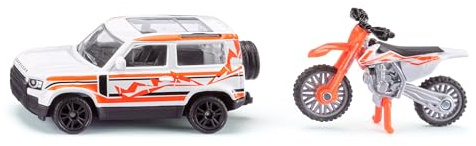 Siku 1114 Land Rover Defender mit KTM Motorrad Spielzeug-Set, Metall-Karosserie, Weiß-Orange, Anhängerkupplung, Beweglicher Lenker und Ständer am Motorrad