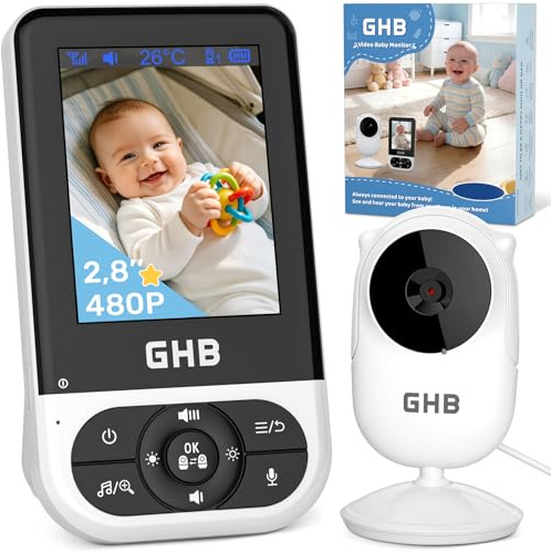 GHB Babyphone mit Kamera Baby Monitor 2,8 Zoll Schwarz | VOX-Modus Max. 35 Std, Infrarot-Nachtsicht, 2x Zoom, Gegensprechfunktion, Temperatursensor, Bis zu 4 Kameras, 4 Schlaflieder