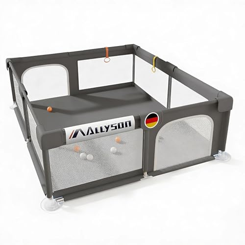Allyson® Laufstall Baby mit Matte 130x130 cm, Großes Faltbares Laufgitter & Playpen sicher & stabil, Kleinkinder Kinderlaufstall Indoor & Outdoor, Spielgitter Zaun, tragbarer klappbar - Dunkelgrau