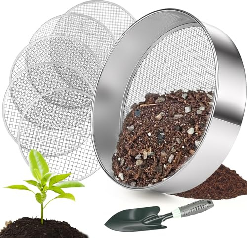 Gaethra Gartensieb, 30cm Erdsieb mit 5 austauschbaren Siebeinsätzen und Schaufel, Rostschutz, Kompostsieb aus Edelstahl für Erde, Kompost, Sandfelsen, Saatgut