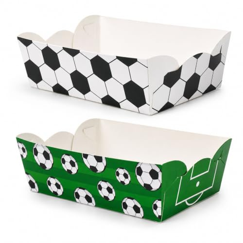 24 Stück Fußball Pappteller Pommesschalen Set, 2 Designs, 12,2x8,5x4,1cm | Motiv Candybar Tüten für Snacks, Snackbox für Mädchen Junge, Partygeschirr für Fußball Party, Kindergeburtstag