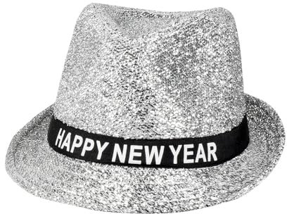 Boland 13450 - Hut Sparkling Happy New Year, Silber mit Glitzer, funkelnder Fedora für Silvester, Hutband mit Schrift, Accessoire, Geschenk