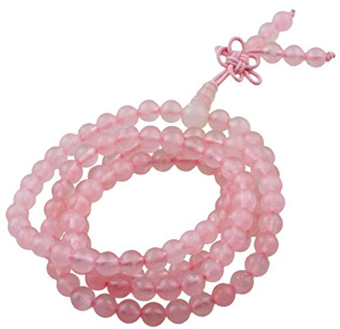 KYEYGWO Mala Bracelet Perlé en Pierre Cristal Précieuse, Rondes Bouddhistes 108 Perles d'Energie Collier Élastique pour Femme et Homme, Quartz Rose