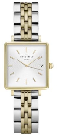 Rosefield Damenuhr The Boxy XS Gold Eckiges Gehäuse - Weißes Zifferblatt mit Goldenem & Silbernem Edelstahl Band QMWSSG-Q023