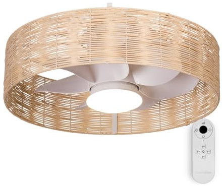 UNIVERSALBLUE Ventilador de Techo con Luz de Mimbre | Ventilador Moderno Aspas Ocultas | Motor DC Silencioso | 6 Velocidades y Mando