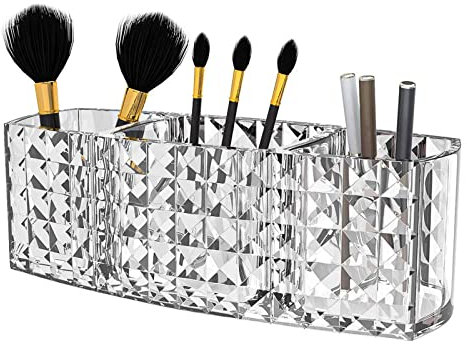Top-spring Makeup Brush Holder Organizer, 3 Slot Acrylic Makeup Brush Organiser, Eyeliners Display Holder for Comestic Organizing (Diamond Surface)