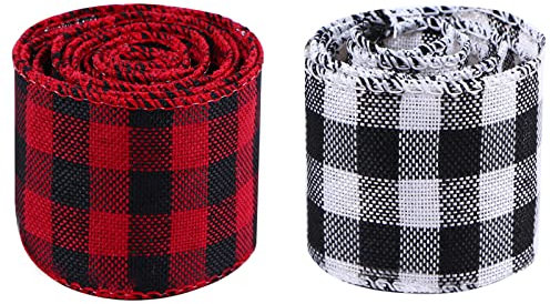 Eterspr 2 Rollen Sackleinen Bänder, Geschenkband, Rot Und Schwarz Plaid Sackleinen Band, für Feiertagsdekoration, Geschenkverpackung, handgemachtes DIY