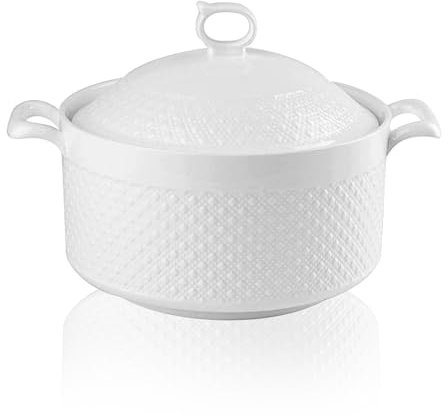 SOOMILE Zuppiera in ceramica con coperchio, con coperchio, colore bianco, rotondo, 3,6 l