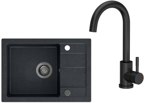 VBChome Fregadero con grifo negro 62 x 44 cm, granito, fregadero empotrado, fregadero esquina, fregadero frente visto, superficie de goteo, reversible, grifo negro compuesto + sifón.