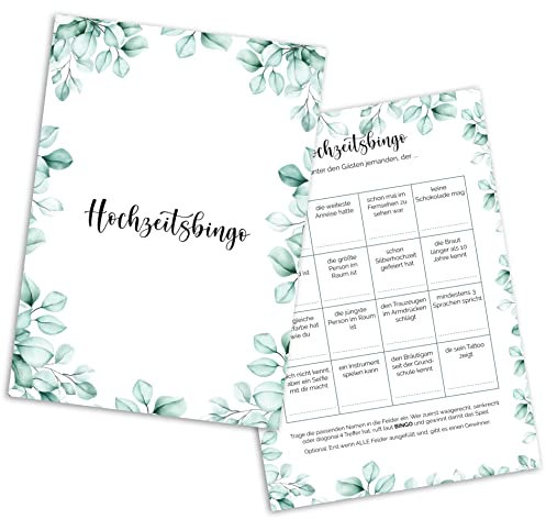 MAVANTO Hochzeitsbingo Karten mit je 16 Aufgaben - Lustiges Hochzeitsspiel für Gäste zum Kennenlernen (Eukalyptus, 50x Stück)