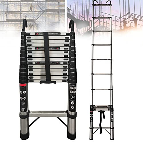 5 M / 16,4 FT Teleskopleiter Loft-Teleskopleitern aus Edelstahl, Dachleiter Ausziehbare Mehrzweck-15-Stufenleiter, Klappbare Trittleiter mit Abnehmbaren 2-Haken, EN131