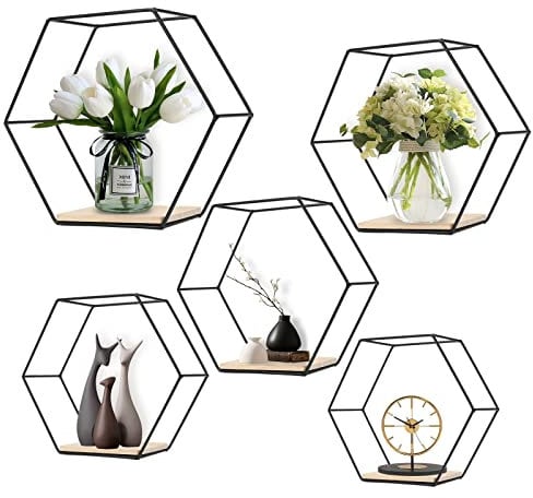 ConBlom Metall Hexagon Wandregal, Europäische Hexagon geometrische Linie Design Wand Wand Regal mit Holzregalen, für Wohnung, Arbeitszimmer, Schlafzimmer, Wohnzimmer, Flur (schwarz * 5)