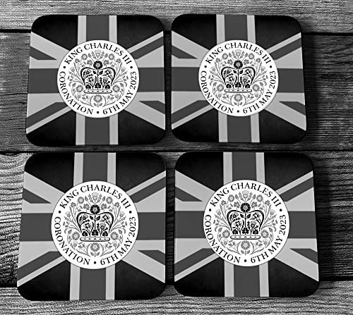 Lot de 4 dessous de verre King Charles III Coronation Union Jack – Décoration de fête souvenir (gris/noir)