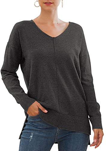 Yommay Jersey para mujer con cuello de pico, ligero, manga larga, elegante, jersey de punto, cálido, moda para invierno, gris oscuro, L