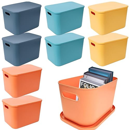 YEXEXINM Bunte Kunststoff-Aufbewahrungsbehälter mit Deckel und Griff, stapelbare Aufbewahrungsbox, Korb, Behälter, Schreibtisch-Aufbewahrungsbox, für Regal, Schrank, Küche, Bad, Büro, 25,4 x 17,8 x