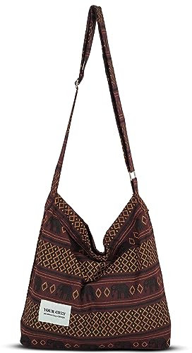 Your Cozy Große Retro-Umhängetasche aus Baumwolle für Damen, Hobo-Umhängetasche, lässige Tragetasche zum Einkaufen und Reisen (mahagonifarbener Elefant)