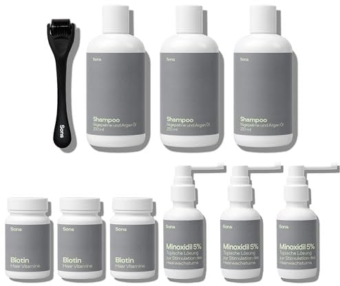 Sons Haarpflege Set für Männer mit Minoxidil 5%, DHT Blocker Shampoo, Biotin & Derma Roller, für Haarwachstum & dichteres Haar, Vitamin B7, reduziert Haarausfall, 3 Monate