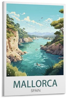 PuPLuM Mallorca Spanien Vintage-Reiseposter See, 60 x 90 cm, Leinwand-Kunst-Poster für Wohnzimmer, Dekoration, Gemälde für Heimdekoration
