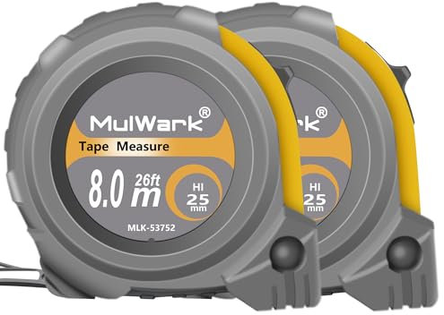 MulWark 2er Pack 8m Maßband mit Magnetspitze | Doppelskala (metrischer/Zoll) | Beidseitige Metallklinge, schockabsorbierende Hülle – für Bauwesen, Handwerker, Tischler und Architekten