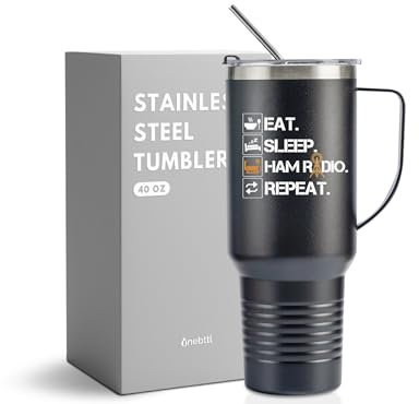 Onebttl Ham Radio Gifts for Men, Amature Ham Radio Gifts, 40oz Stainless Steel Insulated Tumbler with Lid & Straw, Gifts for Ham Radio Operators & Lovers - Eat Sleep Ham Radio Repeat