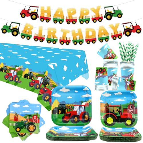 Tractor Party Supplies Tableware - Tractor Birthday Party Decorations, Farm Tractor Plates, Cups, Napkins, Farm Tractor Tablecloth, HAPPY BIRTHDAY Banner for Tractor Party Decor - Serves 20 (Red-S)