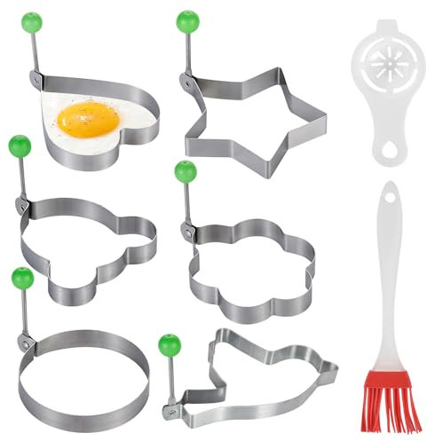 6 Piezas Molde de Huevo Frito, Anillo de Huevo de Acero Inoxidable, Moldes de Huevo de Tortilla, Anillos de Huevo Antiadherente, Anillo de Tortilla con Asas, con Pincel y Separador de Huevo