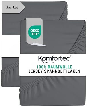 Komfortec 2er Pack Jersey Spannbettlaken 90x200 cm, 100% Baumwolle, Doppelpack Spannbettuch, Anthrazit