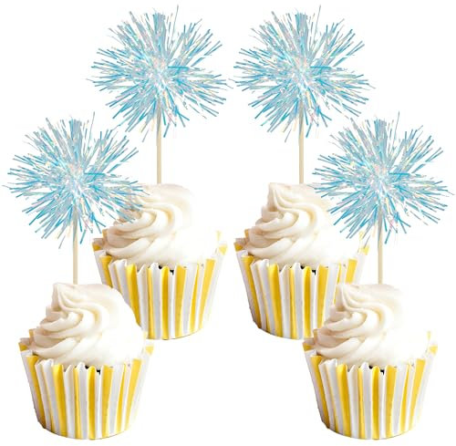 Gyufise 20Pcs Foil Firework Cupcake Toppers Sparkle Tinsel Cake Toppers Tinsel Drink Cake Decoration Cocktail Picks for Birthday Wedding Graduation Party Supplies Laser Blue