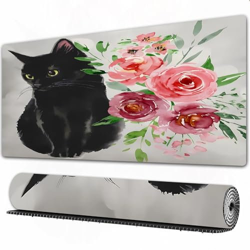 EOMKSE Mouse Pad Gaming Large Desk Pad Washable Mouse Pad Laptop Desk Mat,cartoon fluffy cat with roses. Siamese cat with open eyes and flowers. C,Home Mouse Pad with Anti-Slip Rubber Base,16x29.5 in