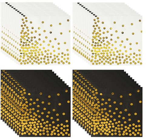 40 Patterned Napkins, Cocktail Napkins, Restaurant Napkins, Birthday Napkins, Party Napkins, Gold Polka Dot Decorated Napkins, Dinner Napkins (White, Black)