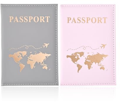 UEAVOID 2 pezzi Portatile Scudo Custodia Passaporto, Custodia per Passaporto in Pelle PU, Copertina per Passaporto, Portadocumenti Uomo Donna, Carte di Credito, Documenti di Viaggio (Rosa & Grigio)