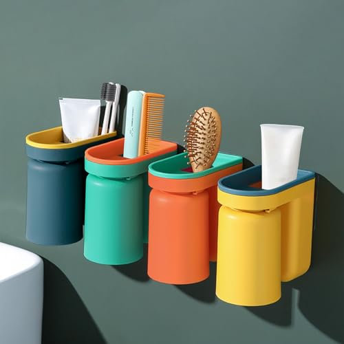 4PCS Toothbrush Holder Wall Mounted with Cups, Stick-on Toothbrush Holders Set for Bathroom, 2 in 1 Bathroom Toothbrush Cup Toothpaste Storage Organiser, Multi-functional Storage Rack