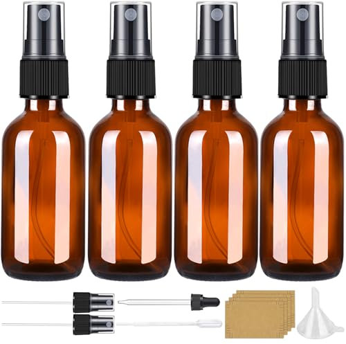 Bonison Sprühflasche Glas Braunglas 50ml Glassprühflaschen Sprühflaschen Klein Glas mit Zerstäuber Glastropfer und Trichter für Ätherisches Öle Kosmetik Reinigung Aromatherapie Massage Haare 4 Stück