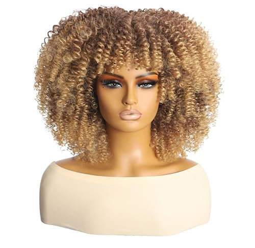Topcosplay Afro Perücke Lockige Blond Perücke mit Pony für Frauen Natürlich Synthetische Haar Perücken für Halloween Kostüm (Blonde)